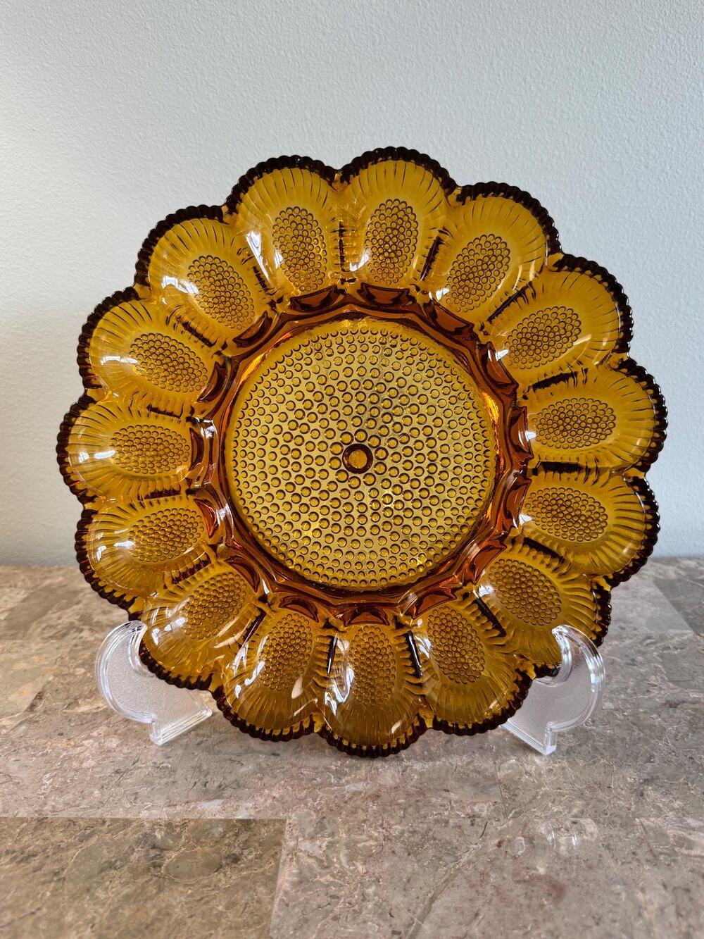 Vintage Indiana glass amber deviled egg platter hob nail pattern 15 egg wells